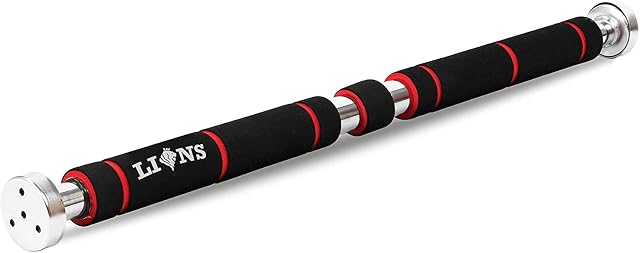 Lions Door-Frame Pull-Up Bar, Wide Grip Heavy-Duty Metal and Foam Chin-Up Pole, Adjustable Great for Home Gyms, Fitness and Training (Red/Black)
