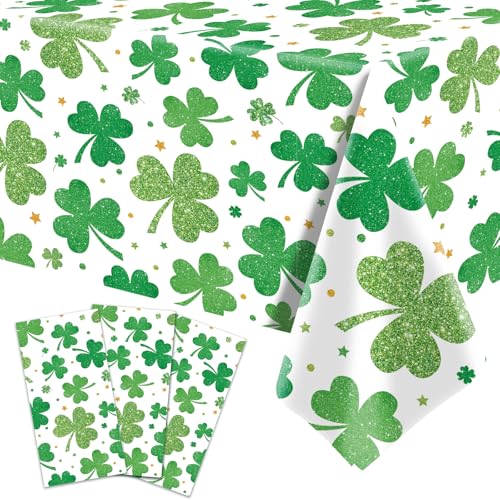 Image of Gistome 3-Piece 54 x 108 Inch St. Patrick's Day Shamrock Plastic Tablecloth - Green Lucky Clover Design Table Cloth, Disposable Rectangle Table Cover for St. Paddy's Day, Irish and Spring Decorations