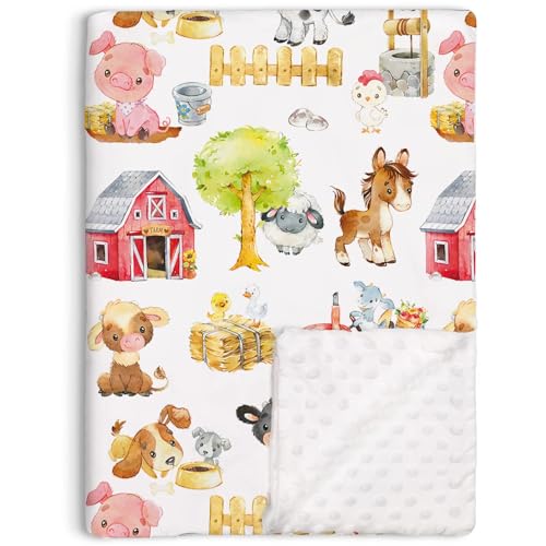 Image of Loyoot Farm Animals Barn Baby Blanket for Boys Girls, Farm Themed Toddler Soft Minky Blanket with Double Layer Dotted Backing, Newborn Nursery Receiving Baby Crib Horse Cow Pig Chicken Dog, 30"x40"