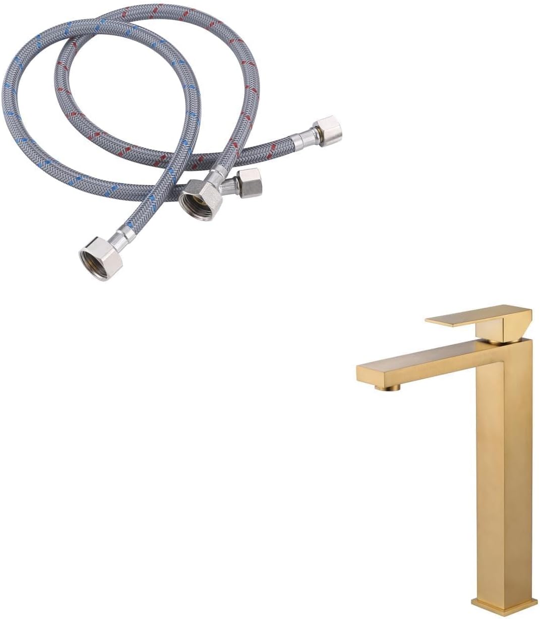 36 Inch 3/8" x 1/2" Faucet Supply Line and Brushed Gold Bathroom Faucet
