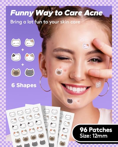 LitBear Acne Patch Pimple Patch, Cat Shaped Acne Absorbing Cover Patch, Hydrocolloid Acne Patches For Face Zit Patch Acne Dots, Tea Tree Oil & Salicylic Acid, 96 Patches, 12mm
