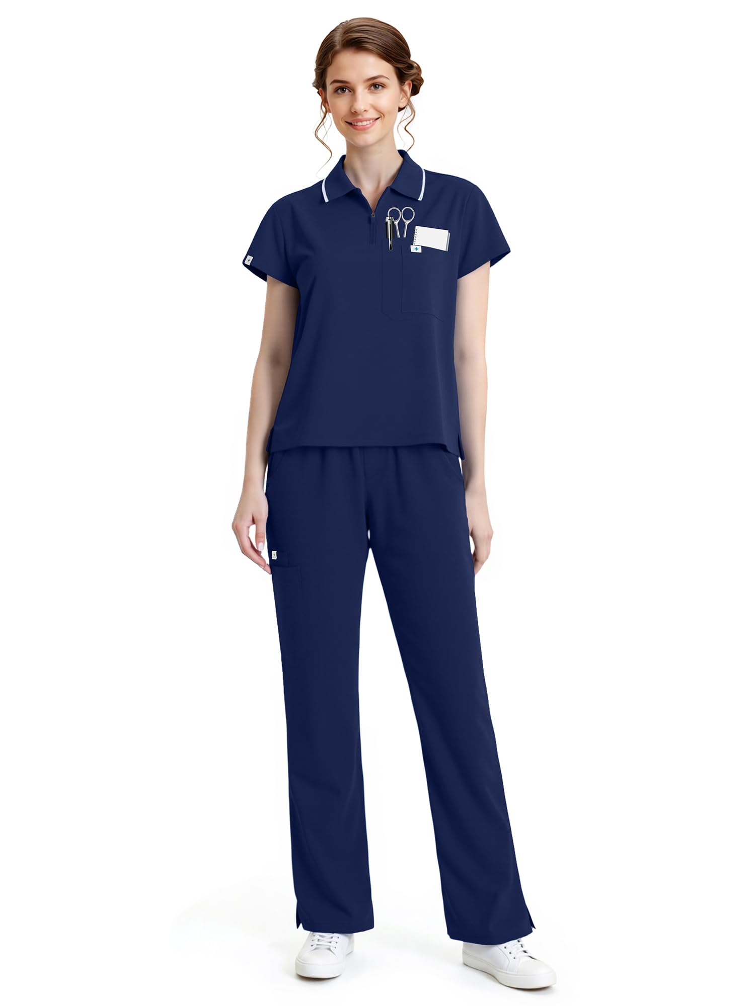 Medical Scrubs Uniform for Women - Cropped Zip-Front Polo Tops Straight Leg Pants with 8 Pockets Easy Care