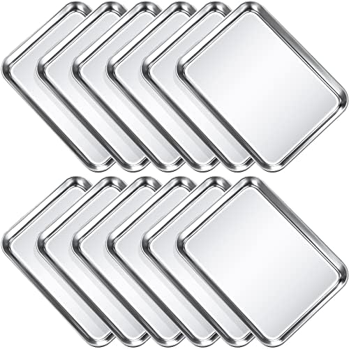 Potchen Sheet Pan Set Cookie Sheet Cooking Baking Sheet Toaster Oven Pans Stainless Steel Tray Barbecue Grill Pan Rectangle and Dishwasher Safe, 9 x 6.7 x 1 Inches (12 Pcs)