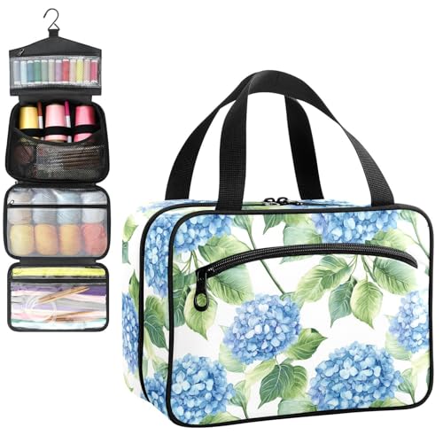 YNNALE Sewing Supply Organizer Bag, Watercolor Blue Hydrangea Flowers Portable Sewing Bags with Pockets&Hanger, Sewing Storage Box Case for Sew Supplies/Kit/Tools/Accessories (BAG ONLY)