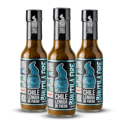 Image of Chile Lengua de Fuego Bhutila Fire - Carolina Reaper, Ghost Pepper & Scotch Bonnet Hot Sauce, Citrus & Smoke, 5 oz Bottle (Pack of 3)