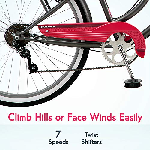 Kulana Lakona Tide Adult Beach Cruiser Bike, 26-Inch Wheels, 7-Speed, Gray/Pink #TOP3