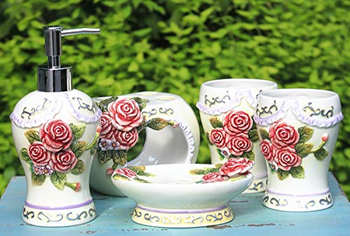 Zamtac Rose Flowers Ceramic Toothbrush Holder Soap Dish Bathroom Accessories Set Kit Wedding Home Decor Handicraft Porcelain Figurine #TOP10
