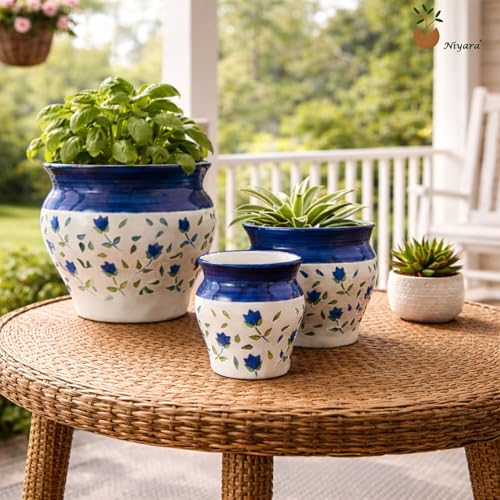 Image of Niyara Blue Leaf Printed Flower Planter Pot | Elegant Indoor Plant Container for Home Decoration & Gifting (Set of 3)