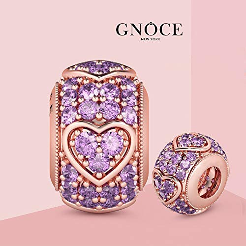 GNOCE Heart Shape Charm Bead 925 Sterling Silver Wish a Friend Twinkling Amethysts Stone Surrounded Heart Charm Fit for Bracelet/Necklace (2Rose Gold)2