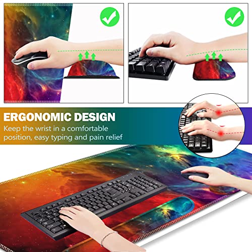Image of ARTSO Extended Gaming Mouse Pad Set, Keyboard Wrist Rest Support Pad + Wrist Cushion + XXL Large Mouse Pad + Coaster, Stitched Edge, Non-Slip, Memory Foam Desk Mat, Color Nebula Galaxy