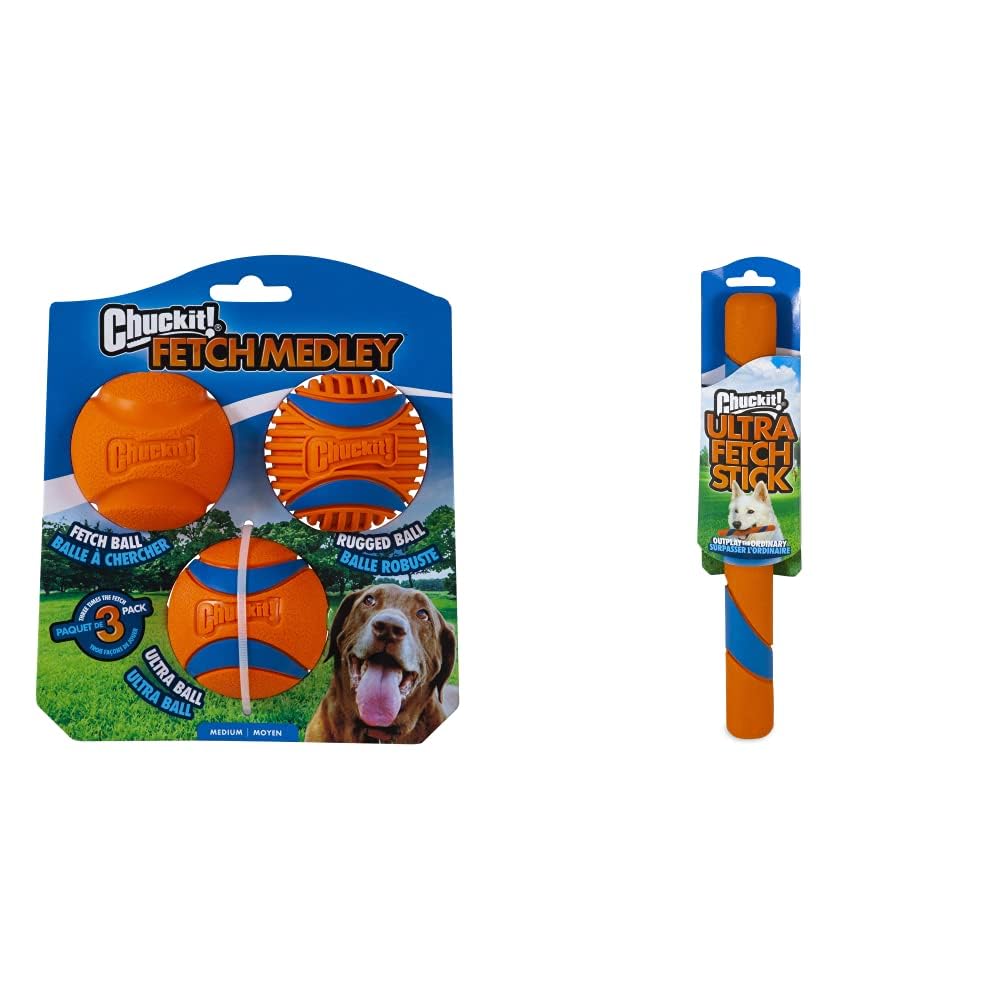 Chuckit Dog Toy Bundle 12-Inch Ultra Fetch Stick with 3-Pack Medium 2 5-inch Interactive Fetch Balls Set