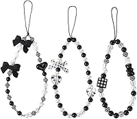 Vista 1 de 3 piezas de 3 estilos de perlas acrílicas con cuentas para teléfono, correa de lazo negro para teléfono móvil, correa de muñeca de corazón