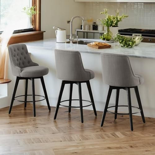 Image of Watson & Whitely Counter Height Bar Stools Swivel Barstools, Fabric Grey | Set of 3, Upholstered Modern Barstool with Back, Solid Wood Legs, 26 inch H Seat