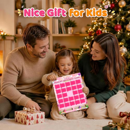 Image of Matching Memory Game for Kids Ages 3 4 5 6 Year Old, Travel Toy for Boys Girls, Wooden Board Game, Road Trip Essentials for Toddler, Airplane Car Camping Activity, Ideal Christmas Birthday Gifts, Pink