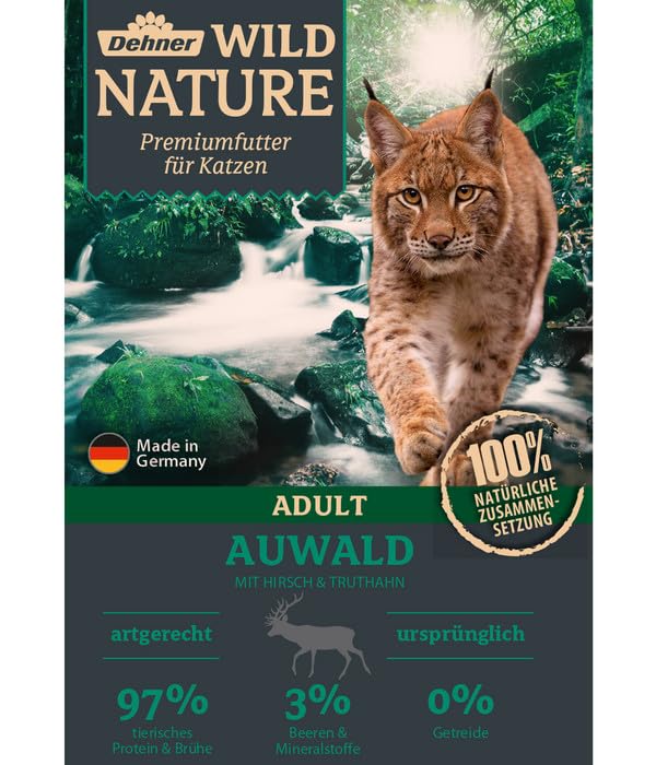 Dehner Wild Nature Katzenfutter Auwald, Nassfutter getreidefrei / zuckerfrei, für ausgewachsene Katzen, Hirsch / Truthahn, 16 x 85 g Beutel (1.36 kg)