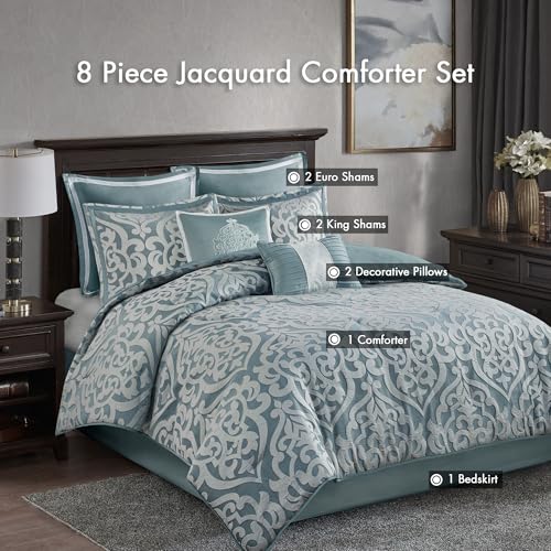 Image of Madison Park Modern Jacquard Damask Medallion Comforter Set, 8PC King | All Season Down Alternative Bedding with Comforter, Shams, Bed Skirt, Decorative Pillows, Aqua