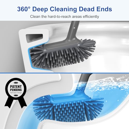 Image of HAMITOR Toilet Bowl Brush Holder Set: Deep Cleaning Silicone Toilet Cleaner Scrubber Under Rim with Curved Bristle for Bathroom Dead Corner Clean - Modern Rv Toilet Decorative Accessories - Gray