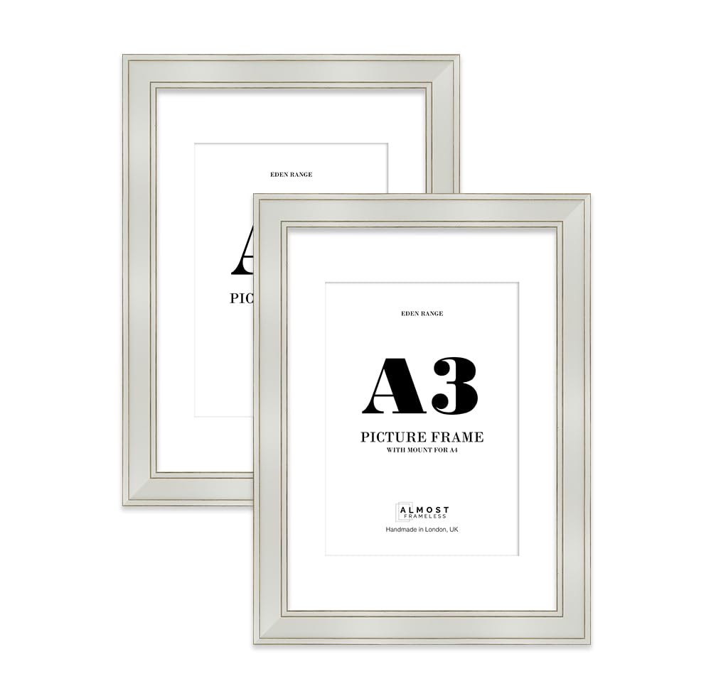 A3 Light Grey Picture Frame with A4 Mount - Shabby Chic Photo Frame with Distressed Finish, Gold Trim, Wall Hooks, 37mm Edge - 2 Pack