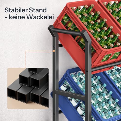 HOOBRO Getränkekistenregal für 3 Kisten, Getränkeregal mit 4 Rollen (2 Feststellbar), Kistenregal, 75 kg Belastbar pro Ablage, Metallrahmen, für Küche, Esszimmer, Wohnzimmer, Schwarz EBK206CJ01