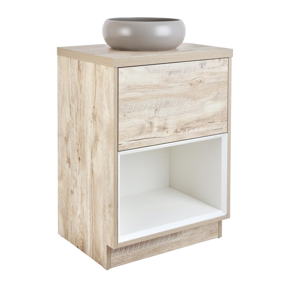 Milano Light Oak Unit / Pebble Basin Bexley Light Oak 600Mm Led Lit Bathroom Vanity Unit Round Pebble Countertop Basin