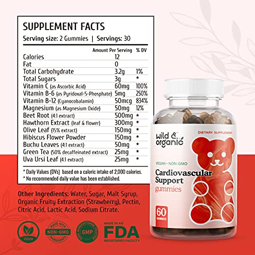 Wild & Organic Vitamins Gummies - With Vitamins B6, B12, C, Magnesium, Beet Root, Hawthorn, Olive, Hibiscus, Buchu, Green Tea, Uva Ursi - 60 Chews #TOP4