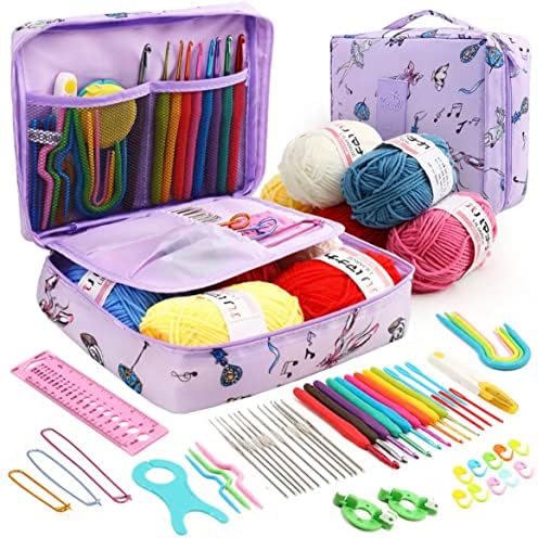 Crochet and Knitting Kit with Yarn, Hooks, Case for Beginners and Experienced Crocheters (Purple)