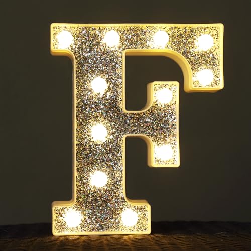 Image of Light Up Letters, Marquee Light Letter for Table Decorations, Glitter Light Up Signs for Prom, Events, or Engagement Party Decor, Featuring Alphabet & Number Lighted Letters, Letter F
