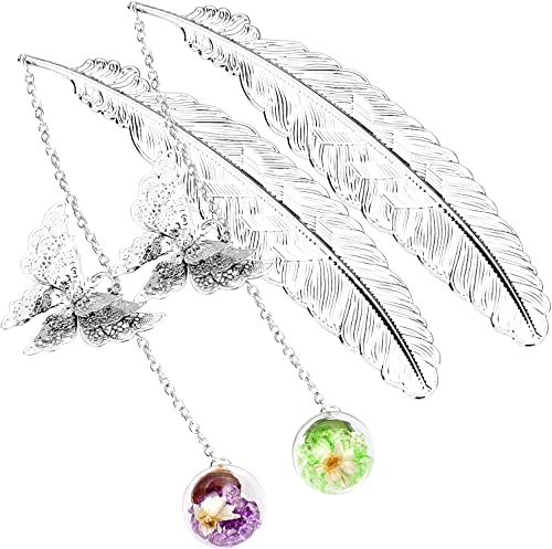 Zizzon Metal Feather Bookmark With 3D Butterfly Pendant Christmas Thanksgiving Unique Gift For Book Lover Teacher Women And Girls 2 Pack (Silver, Purple+Green) #TOP18