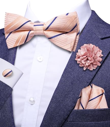 Image of Hi-Tie Pretied Bowtie Lapel Pin Set for Men Pocket Square Cufflinks 4PCS Bow Tie Set Mens Wedding Business Party, Pink Blue Stripe