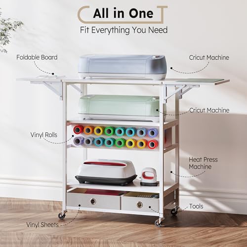 Rolling Craft Cart & Foldable Craft Table Compatible with Cricut Machine, Crafit Mobile Storage Organizer with Vinyl Roll Holder for Craft Room Home Office
