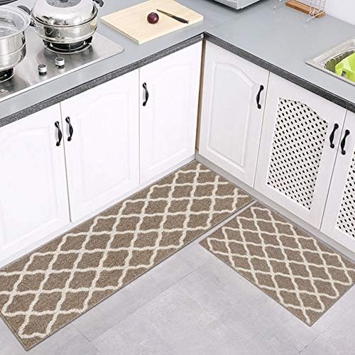 Cekene Kitchen Rugs and Mats Set Rubber Backing Kitchen Floor Mat Machine Washable Kitchen Runner Rug for Laundry Room Kitchen Entryway(50x80cm+50x120cm,Brown)
