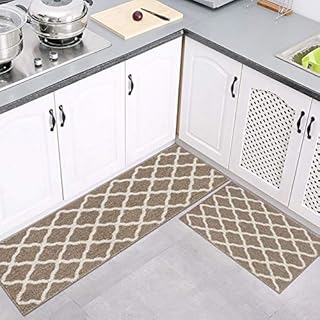 Cekene Kitchen Rugs and Mats Set Rubber Backing Kitchen Floor Mat Machine Washable Kitchen Runner Rug for Laundry Room Kitchen Entryway(50x80cm+50x120cm,Brown)