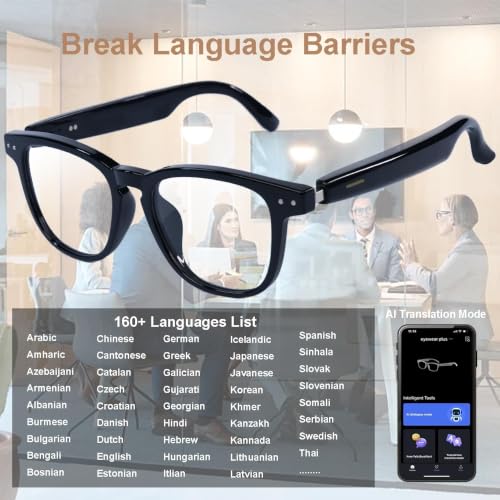 Image of AI Smart Glasses, Anti Blue Light Bluetooth Translation Glasses with 164 Hands-Free Calls & Audio Multifunctional Smart Sunglasses for Men Women Travel Trade Business (KL01-Black-Color-Change-Lens)