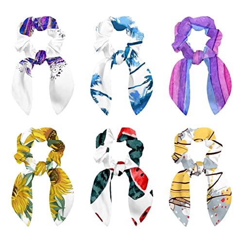 6 Pcs Hair Scrunchies - Watercolor Palm Trees Hair Scarf Scrunchy with Ribbon Bow, Elastic Hair Ties Ponytail Holders for Women Teenage Girls