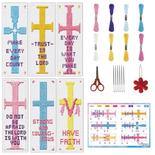 Image of INFUNLY 6pcs Cross and Word Cross Stitch Bookmark Kit for Beginners DIY Cross Embroidery Bookmark Kits Inspirational Words Needlepoint Kit with Instruction Easy Cross Stitch Set for Book Lovers Reader