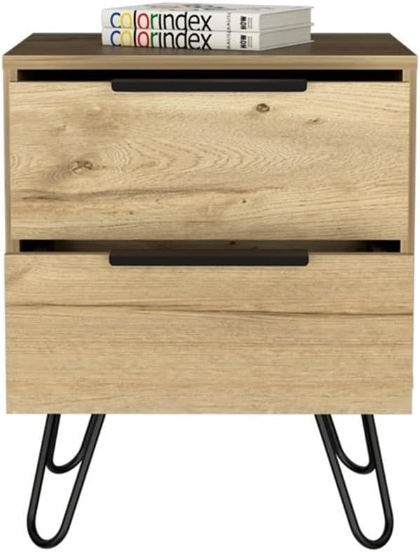 Nuvo 22-inch Tall Nightstand, 2 Drawers, and Hairpin Legs, Light Oak