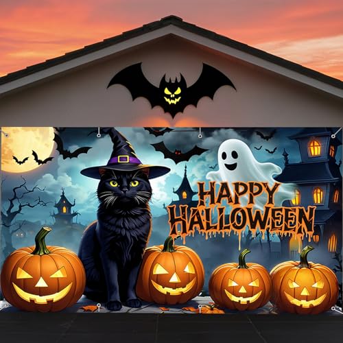 Halloween Garage Door Banner 6 * 13Ft Large Hanging Backdrop Halloween Ghost Door Cover Pumpkin Black Cat Horror Haunted House Decorations Photo Backgrounds Spooky Party Supplies