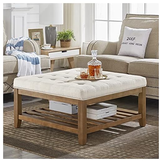 24KF Large Square Upholstered Tufted Linen Ottoman Coffee Table, Large Footrest Ottoman with Solid Wood Shelf-Ivory