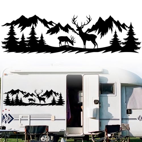 Vspek Auto Aufkleber Berg Hirsch Wohnmobil Aufkleber Camper Autoaufkleber Car Sticker Heckscheibenaufkleber Auto Vinyl Wasserdicht Dekoration Aufklebers für SUV LKW Wohnwagen Schwarz 100×28cm