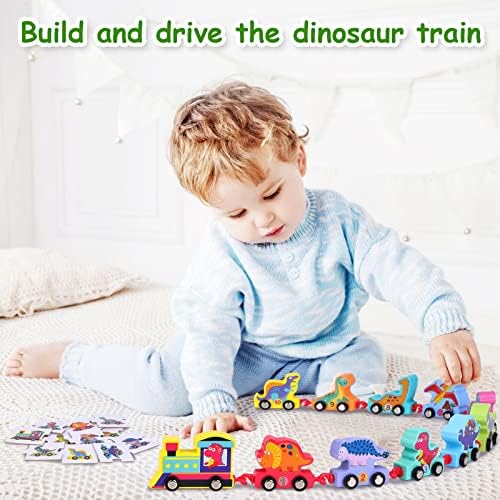 Yellcetoy Dinosaur Cars Wooden Train Set Toys for Toddler, 11PCS Educational Montessori Toys Cars with Numbers Set for Kids Boys & Girls Gifts