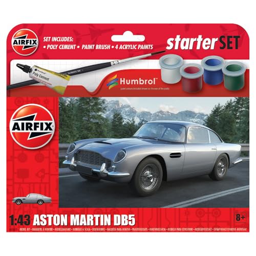 Airfix Starter Set - A55011 Aston Martin DB5 Model Building Kit - Plastic Model Car Kits for Adults & Children 8+, Set Includes Decals, Humbrol Acrylic Paints, Brushes & Poly Cement - 1:43 Scale Model