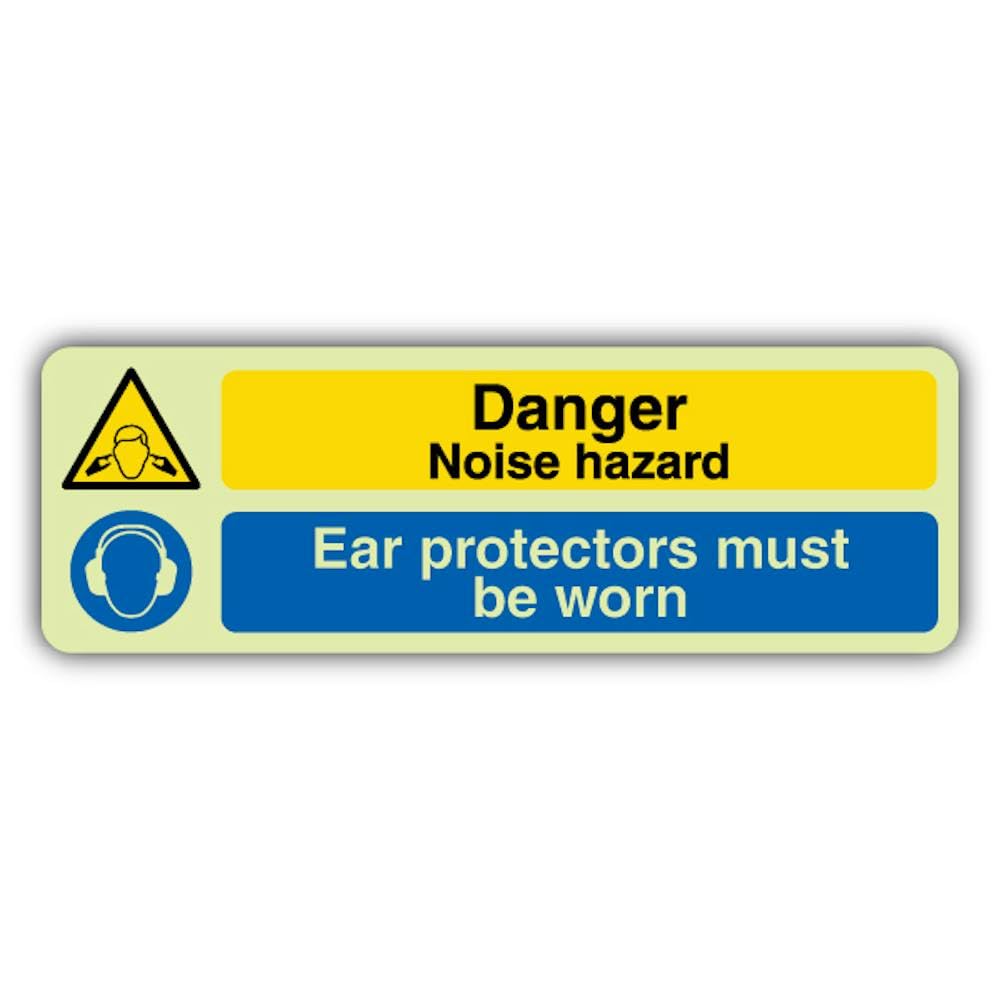 V Safety Glow In The Dark Danger Noise Hazard - Señal de protección auditiva - 600 x 200 mm - Hecho de plástico rígido de triple brillo - Señalización de advertencia de peligro - Fabricado en Gran
