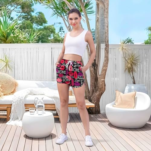 GuoChe Shorts de corrida atléticos Valentines Kisses Lips Red Doodles Love Black High Waist Running