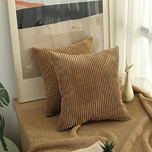 Throw Pillow Covers 18X18 Inch Set Of 2, Brown Pillow Covers Decorative Soft Corduroy Couch Pillow Covers Neutral Cushion Pillowcase Case For Living Room Bed Sofa Car Home Decoration (Striped Brown #TOP7