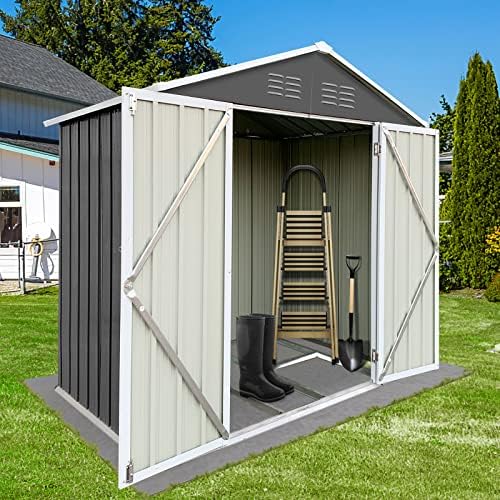 Sesslife Outdoor Storage Shed 6FT X 4FT, Metal Garden Tool Shed, Outside Sheds & Outdoor Storage with Double Lockable Door and Base Frame for Patio, Backyard (Gray)