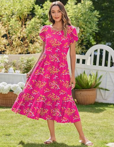 Image of Zeagoo Women Summer Midi A Line Dress Short Sleeve Casual Flowy Tiered Beach Long Sundress with Pockets 2026 Vacation Travel