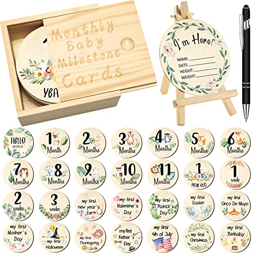 Image of Wesiti 31 Pcs Wooden Baby Monthly Milestone Cards Double Sided Hello World Milestone Discs Pregnancy Journey Birth Announcement Sign Baby Boy and Girl Sets (Vivid)