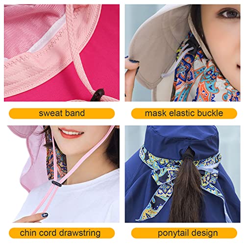 Image of Women Wide Brim Face Mask Sun Hat Detachable Neck Face Flap Ponytail UV Protection Visor Hat Garden Fishing Hiking
