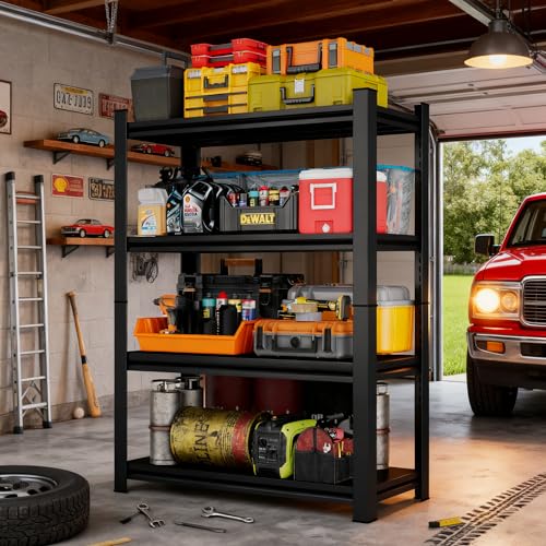 59″ H Garage Shelving 2400LBS Heavy Duty Storage Shelves Adjustable 4 Tier Metal Shelves for Storage Garage Industrial Shelving Utility Racks,11.8″ D x31.5 Wx59 H,Black