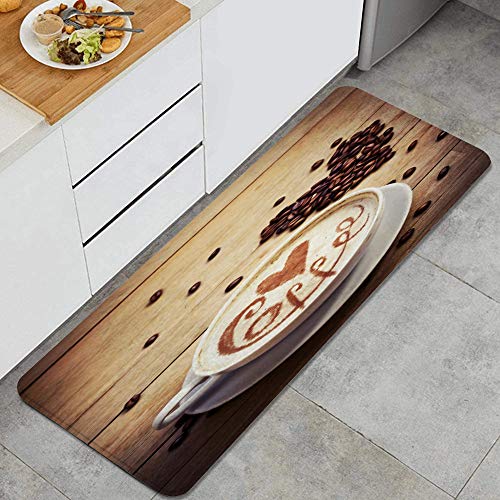 KGSPK Kitchen Rugs Italian Brown Cafe Cup Coffee Love Heart Drawing Latte Closeup Food Drink France Lover Aroma Cacao Comfort Non-Slip Doormat Mat Area Rug for Floor HomeOfficeSinkLaundry